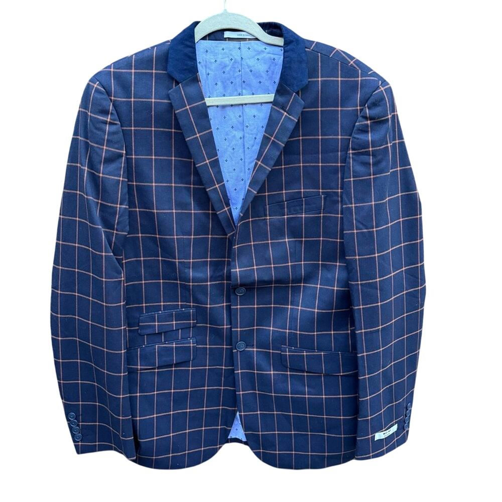NWT New WD-NY Mens Large Navy Blue Orange Plaid 2 Button PolyCotton Blazer